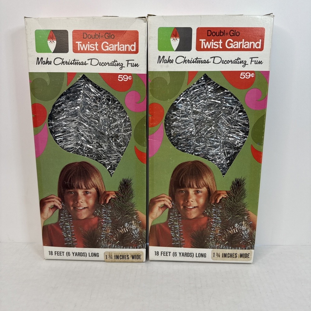 2 NOS Doubl Glo Silver Tinsel Twist Garland 18 Feet 6 Yards‎ 1 1/3 Inch Wide
